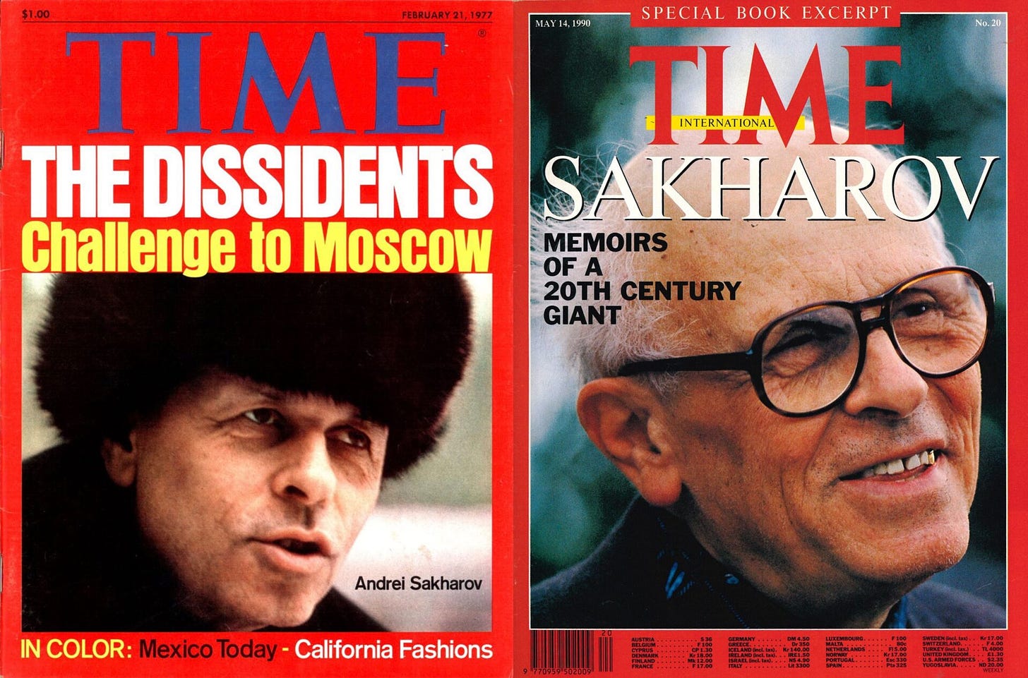 Soviet physicist Andrei Sakharov twice appeared on the cover of Time magazine—first in 1977, two years after he won the Nobel Peace Prize, and again in 1990, a few months after his death.