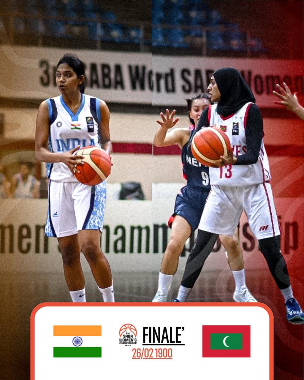 May be an image of 3 people, people playing basketball and text that says 'ABAWerdSA INDIA NE 9 NE913 913 13 손 enrarlamn en lamn m p WOMEN'S SABA HOMENS FINALE' 26/021900 1900 26/02'