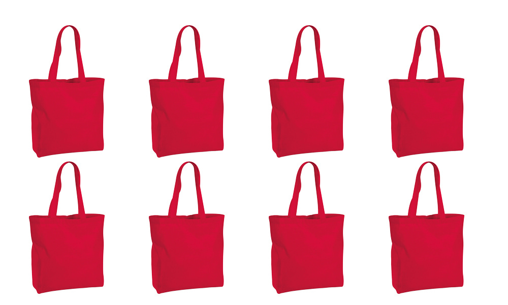 A composite image of eight red canvas tote bags on a white background
