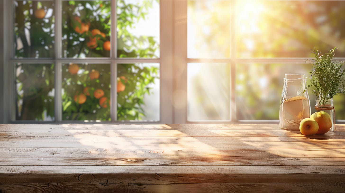 Sunlit wooden table with a glass of water, apples, and a potted plant. Sunlight streams through a window with a view of an orange tree outside.
