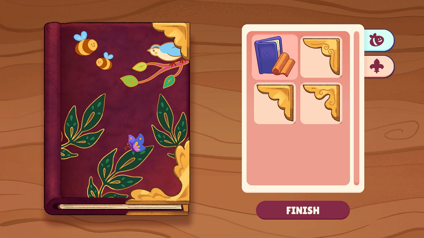 A screenshot from the game, Bookbinding, with a book on the left and some choices of decorations on the right.