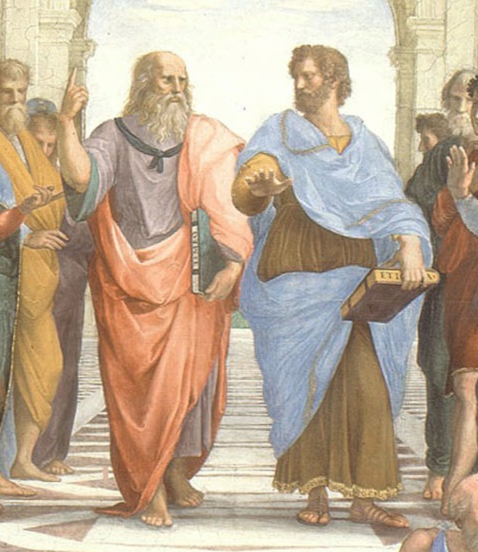 Plato pointing to the heeavens and Aristotle gesturing to the world