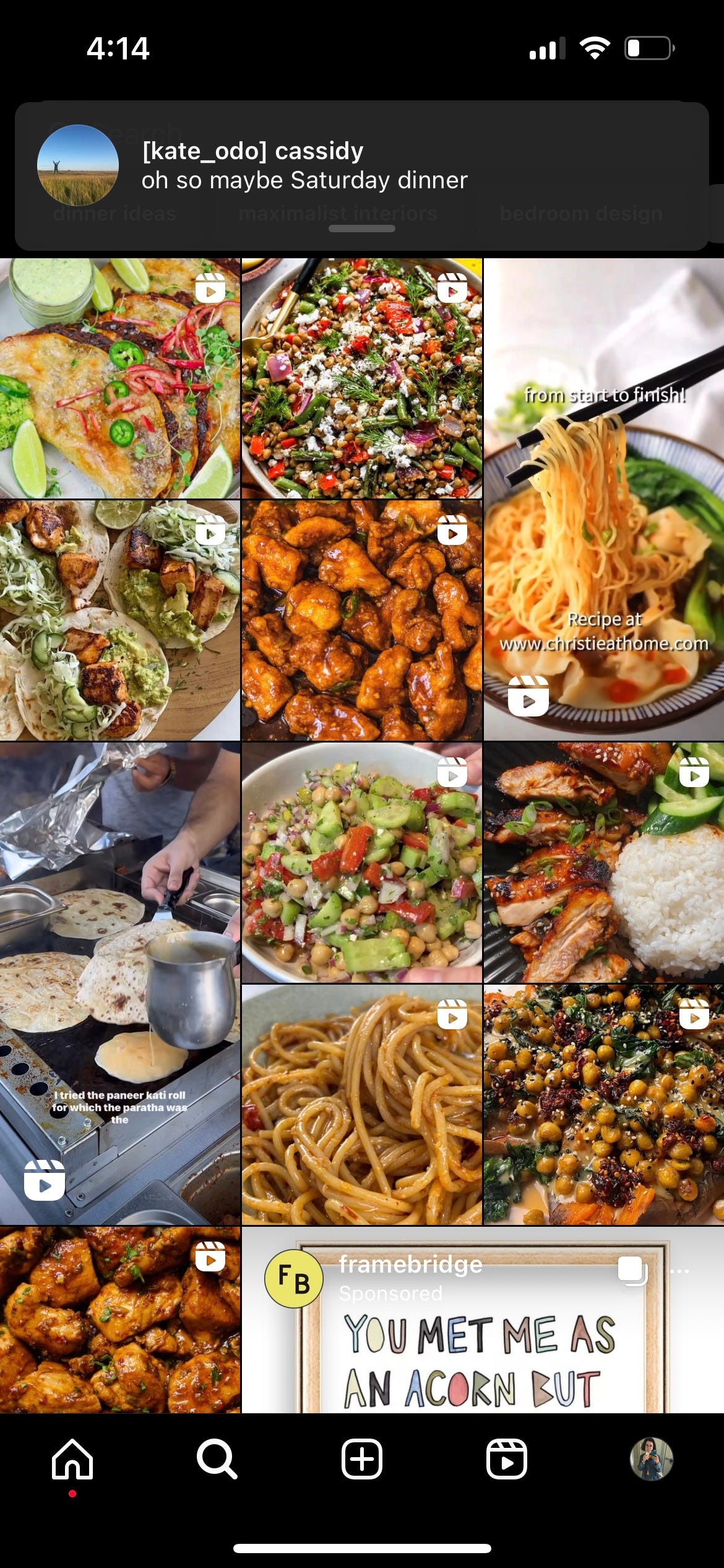 A screengrab of the Instagram search page. Each square features some form of food.