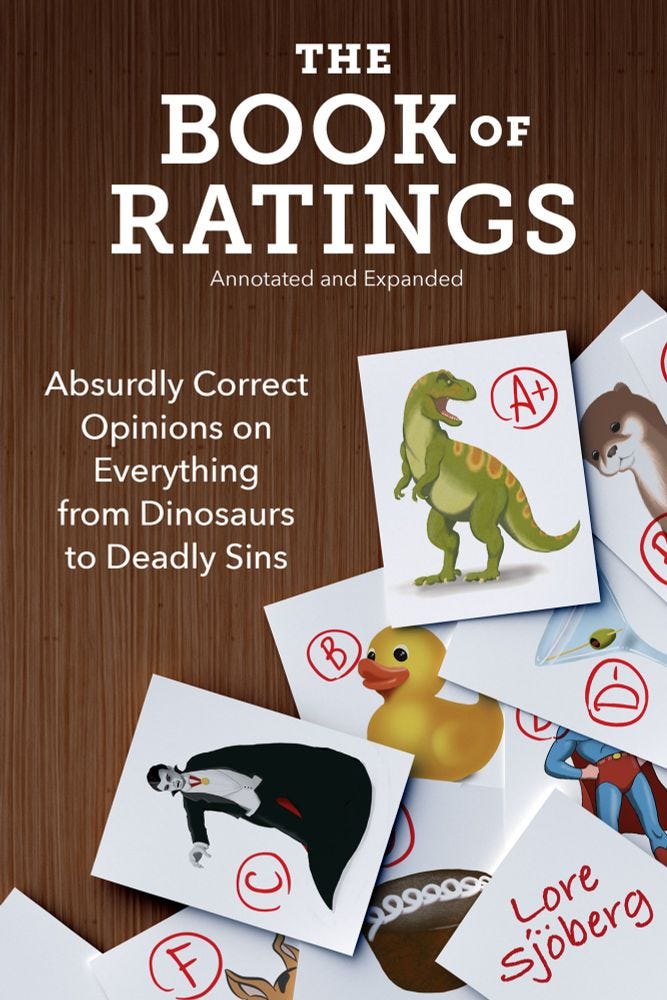 Cover for "The Book of Ratings, Annotated and Expanded: Absurdly Correct Opinions on Everything from Dinosaurs to Deadly Sins" by Lore Sjöberg. Cover depicts graded drawings of a T. rex (A+), a vampire (C), a rubber duck (B), a martini (D-) and other mostly-hidden drawings.