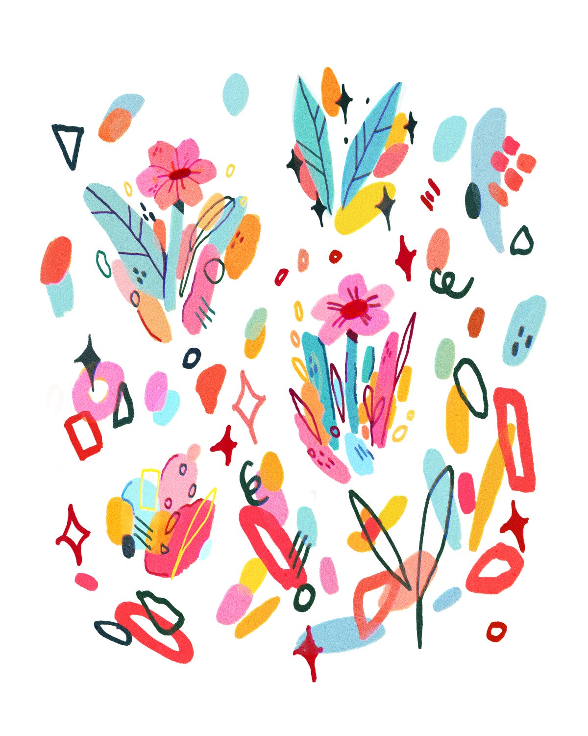 A combination of digitally drawn abstract shapes and flowers.