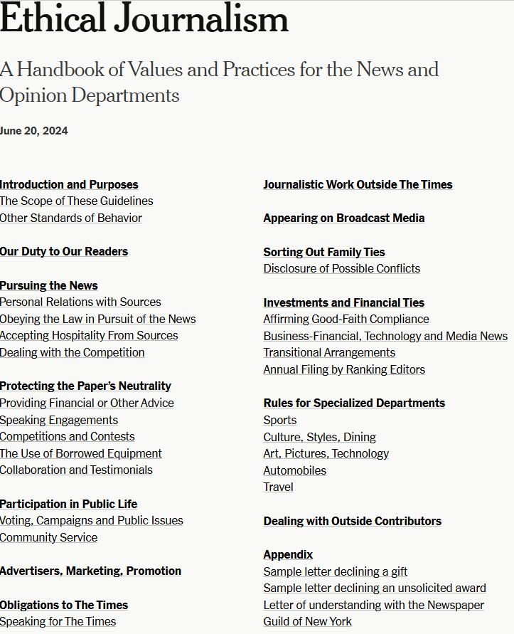 A screenshot of the NYT's Ethical Journalism page