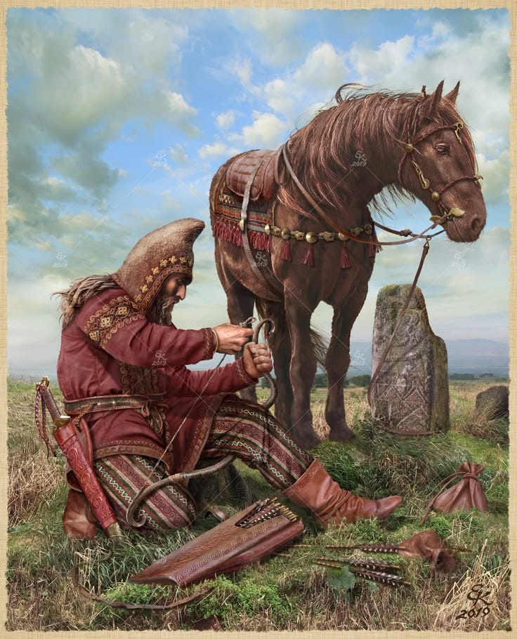 This may contain: a painting of a man sitting next to a horse on top of a grass covered field
