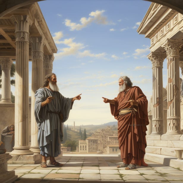 Plato and Socrates debating as they stroll through a colonade in Ancient Greece's prime age.