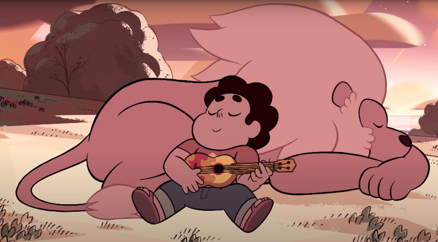 Steven is sitting on the cliffs, leaned up against Lion. It's sunset and they are both at rest while Steven plays lazily on his ukelele. 