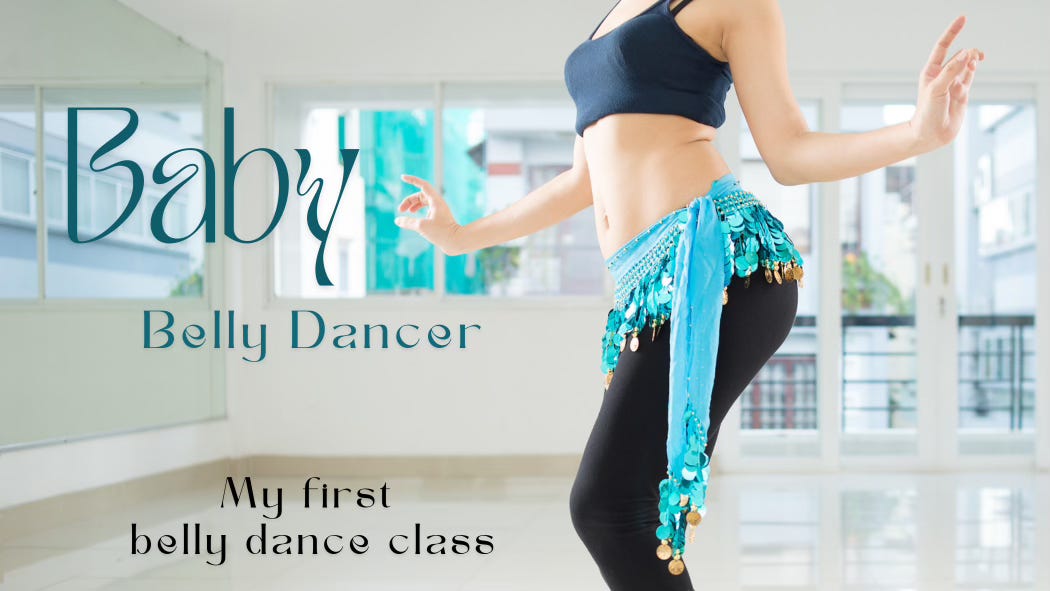 A belly dancer in a sports bra and black leggings poses with a turquoise hip scarf, heavy with gold coins. Baby Belly Dancer: my first belly dance class