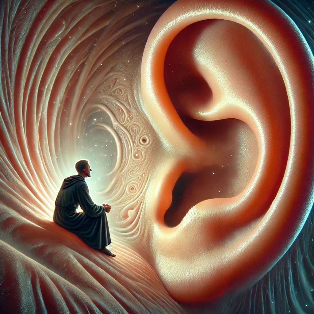 A surreal illustration of a man sitting inside a giant human ear, attentively listening to the world outside. The scene has a mystical, Wizard of Oz-inspired atmosphere, with soft glowing light illuminating the contours of the ear. The man appears curious and wise, dressed in a flowing robe, as if he is a hidden observer of sound and secrets. The perspective gives a sense of depth, making the ear feel like a vast, cavernous space.
