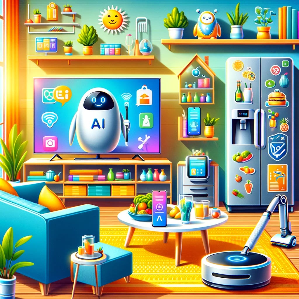 A cheerful and vibrant scene depicting AI integration in various consumer devices. Imagine a living room setting with a smart TV displaying a friendly AI character, a robot vacuum cleaning the floor, a smart fridge with a digital display showing recipes, a smartphone on a table with an AI assistant app open, and a smartwatch on a wrist showing fitness advice from an AI. The room is modern and brightly lit, with plants and comfortable furniture, illustrating a harmonious blend of technology and daily life.