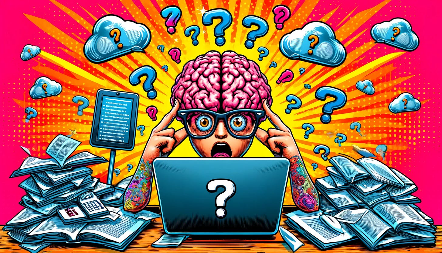 Create a humorous and sarcastic image for a survey about ADHD content and services, without any text. The design is rectangular and features a cartoon brain wearing glasses looking confused, surrounded by floating question marks to symbolize being 'focus challenged'. Include a laptop and tablet cluttered with many open tabs, adding a humorous touch to the scene of digital overwhelm. The image uses bright and dynamic colors to engage viewers in a lighthearted manner.