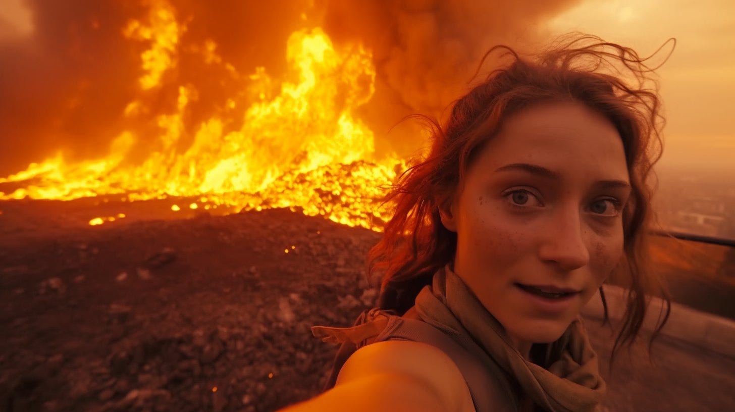 Hyper-realistic GoPro-style shot of a beautiful YouTuber Pompeii resident woman during the eruption of Vesuvius. Molten lava in the background, casting an eerie red glow against the impending ash cloud in the background.