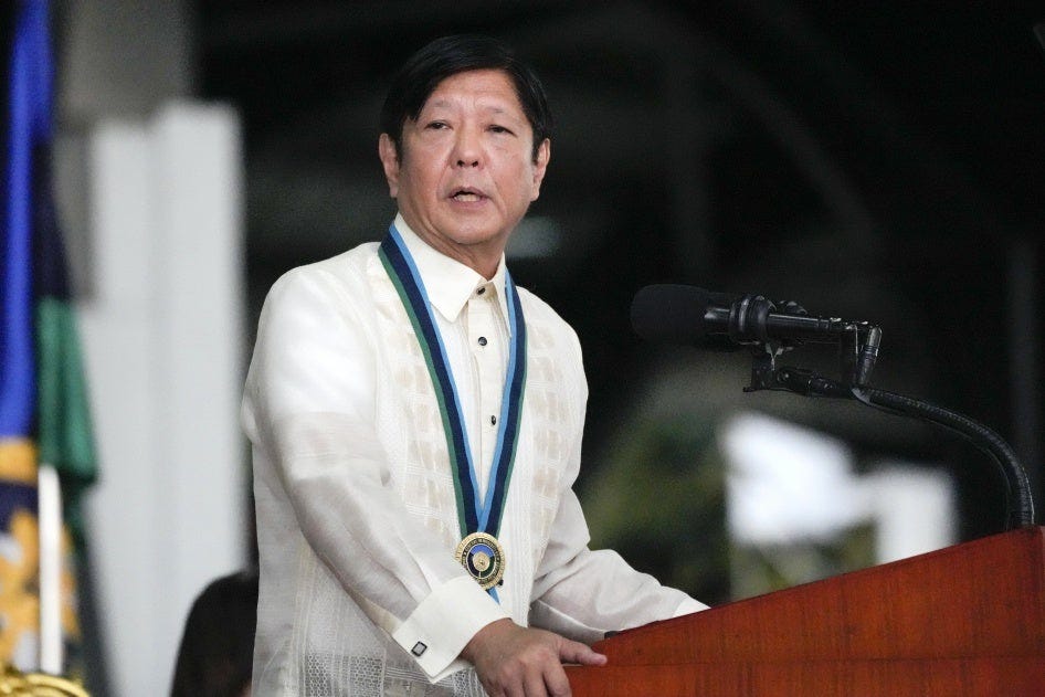 Philippines President Ferdinand Marcos Jr. delivers a speech at Camp Aguinaldo military headquarters in Quezon City, December 21, 2023. 