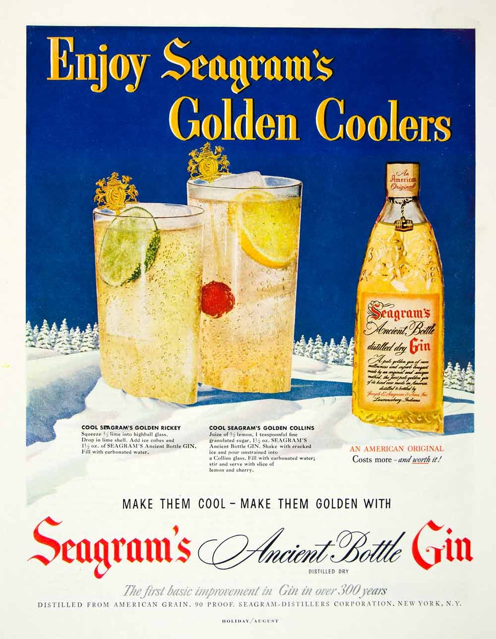 1950 Ad Seagram Ancient Bottle Gin Golden Rickey Collins American Winter  HDL2