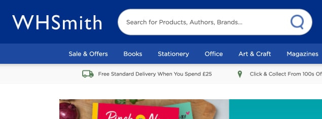 A mock-up of the WHSmith website header with a simple logo using sans-serif text.