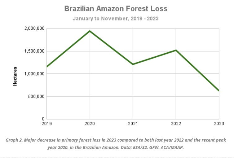Line graph showing increasing rainforest loss in 2019 to a peak in 2020, then sharp declines from 2022 to 2023
