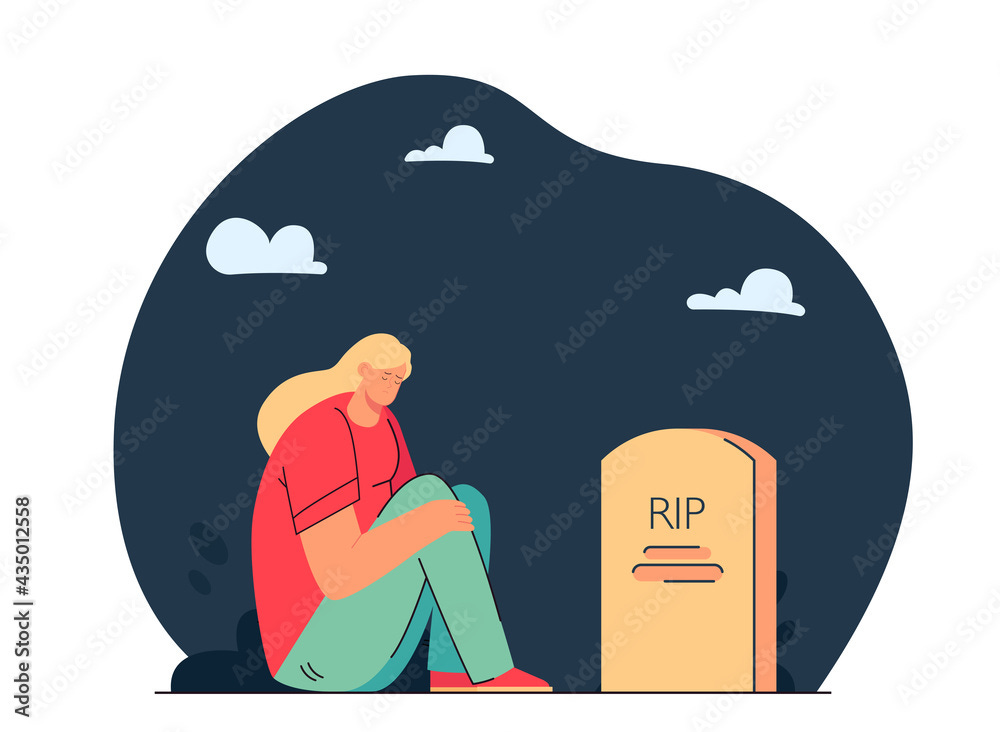 Girl mourning loss of loved one. Flat vector illustration. Cartoon woman  sitting by gravestone in darkness and crying. Loss, grief, pain, death  concept for banner design or landing page Stock Vector |