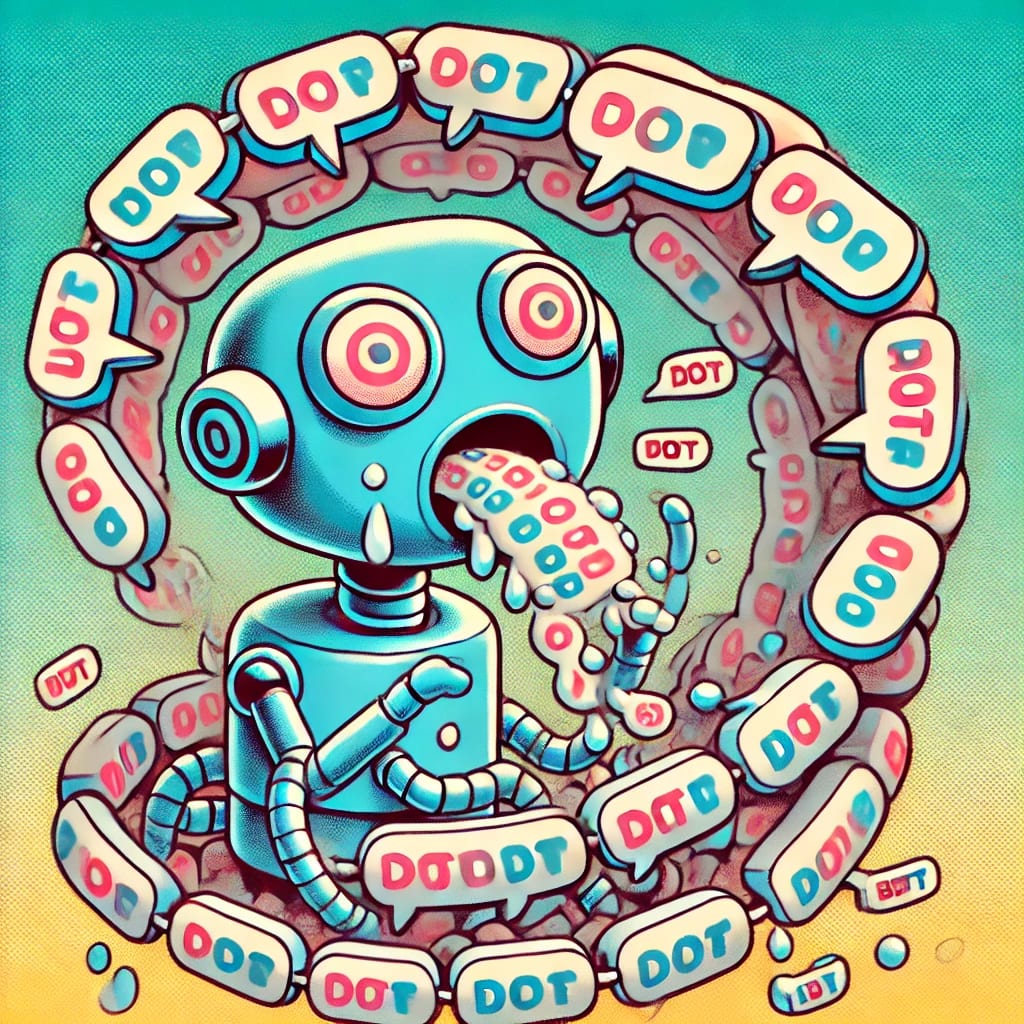 A cartoon-style illustration of a robot eating its own speech bubbles in an infinite loop. The robot looks confused and slightly dizzy as it keeps consuming its own words. The background is simple and playful, with bright colors and a humorous touch, emphasizing the absurdity of AI generating and consuming its own content. The overall style is lighthearted and fun, making the complex idea of 'data incest' more approachable.