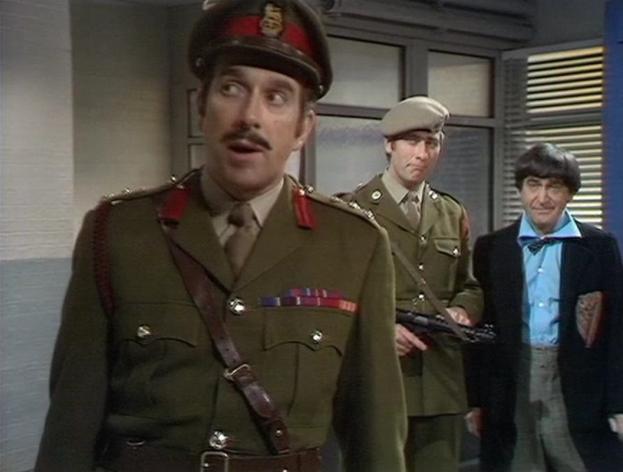 The Brigadier with the second Doctor and Sergeant Benton in The Three Doctors