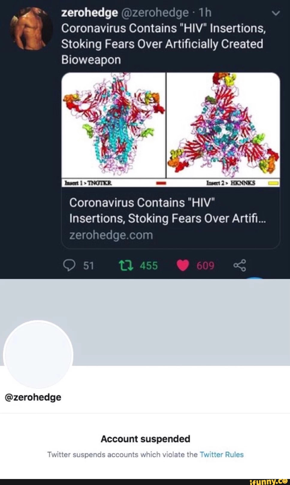 zerohedge @zerohedge Coronavirus Contains "HIV" Insertions, Stoking Fears Over Artificially Created Bioweapon Coronavirus Contains "HIV" Insertions, Stoking Fears Over Arrtifi... reroneag ym @zerohedge Account suspended Twitter suspends accounts which violate the Twitter Rules