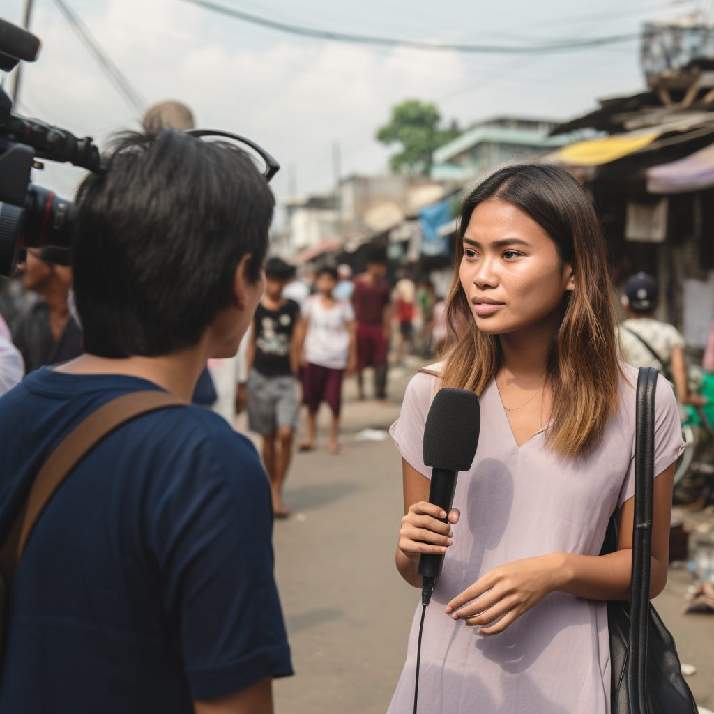 Photo of woman reporter and student in the Philippines. Generated by Midjourney.