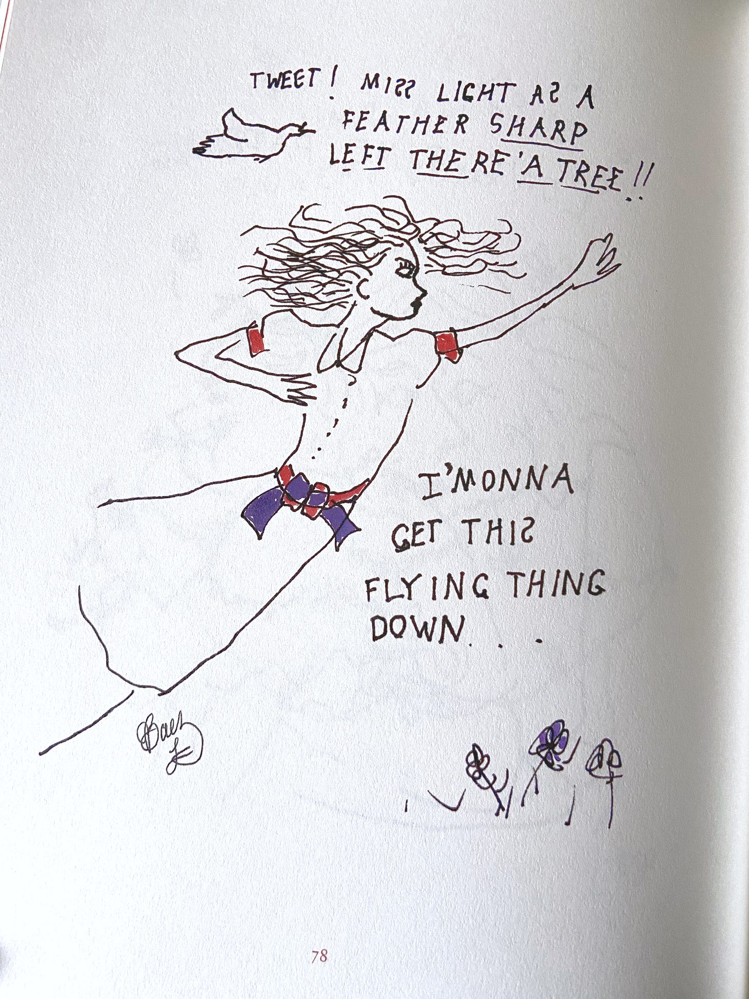 Cover and sample drawing from Joan Baez's Am I Pretty When I Fly