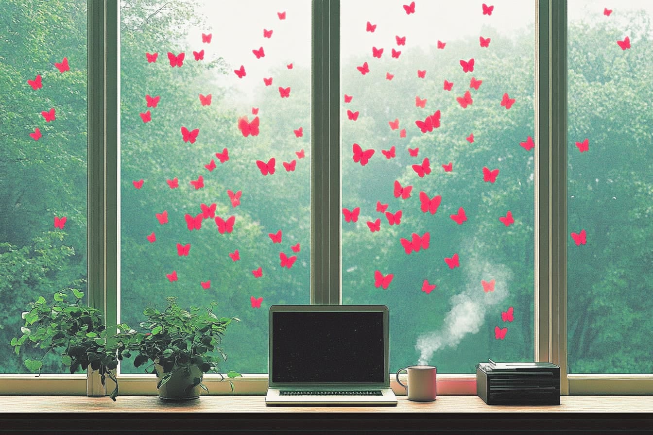 a laptop on a desk with plants. Outside the window is a forest and red butterflies
