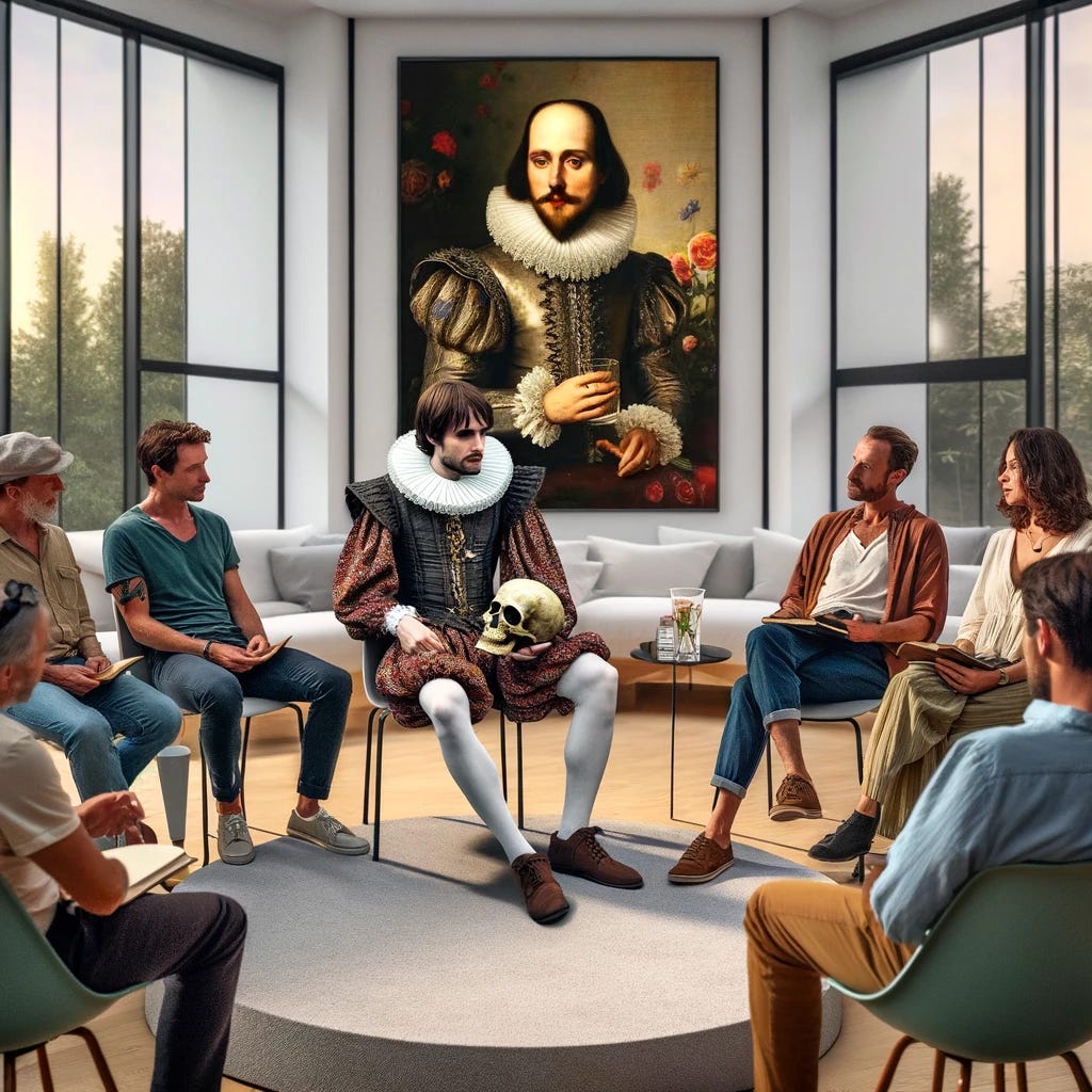 Visualize a scene where Hamlet, dressed in traditional Elizabethan attire, is seated in a circle with modern-day individuals at an AA meeting. He is holding a skull in his hand, referencing the iconic "Alas, poor Yorick" scene. The group is attentively listening to him as he shares his experiences with existential angst and decision-making. The room has a contemporary design to emphasize the contrast between Hamlet's historical appearance and the modern setting. This juxtaposition highlights the timeless nature of human struggles.
