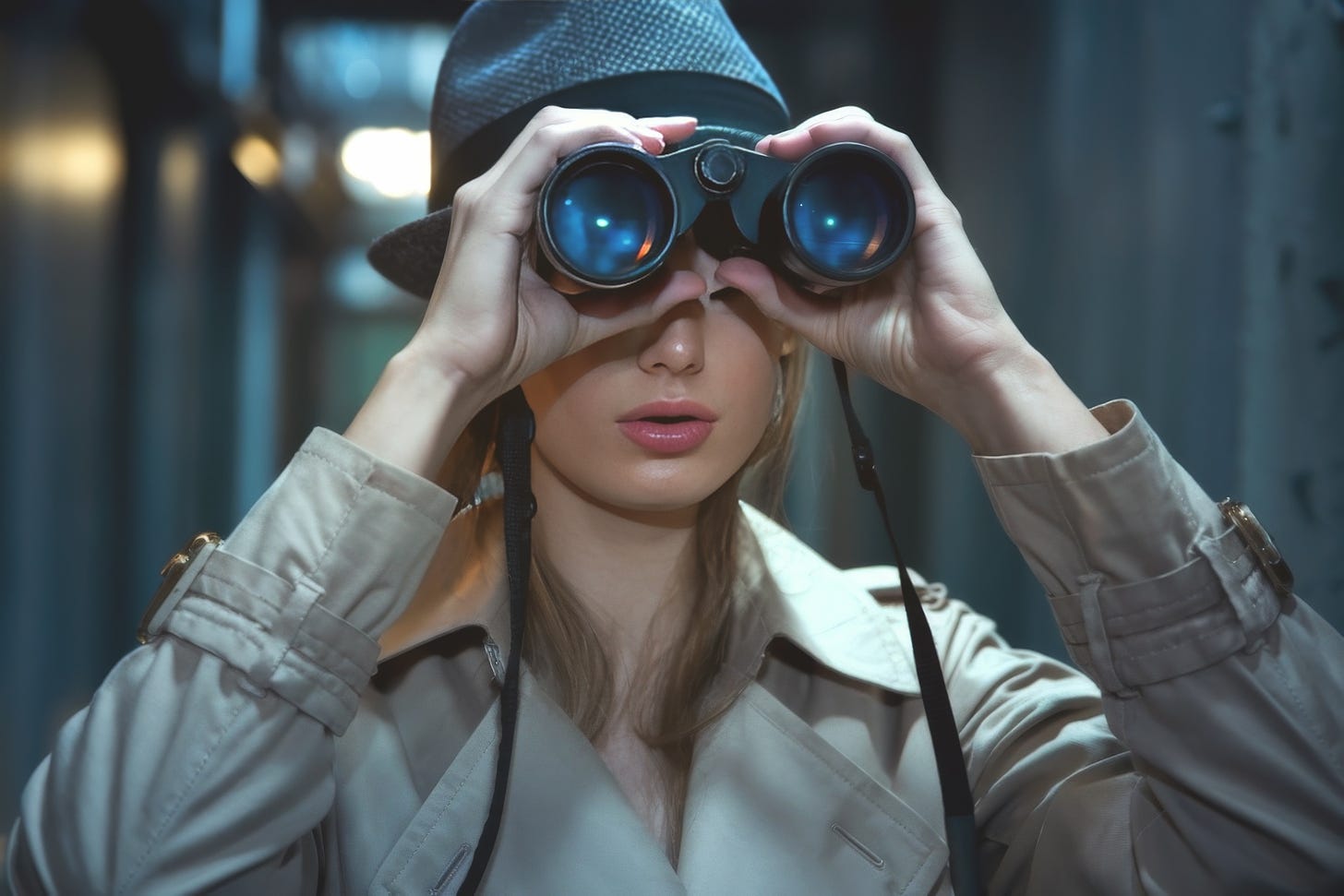 Young woman looking through binoculars.