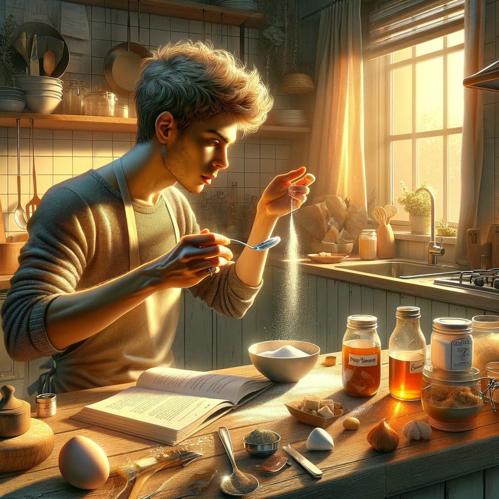 A digital painting of a person in a bright, modern kitchen, engaged in the creative process of cooking. This individual is caught in the moment of substituting one ingredient for another, a testament to culinary innovation. On the kitchen counter, we see them holding a traditional ingredient in one hand, perhaps sugar, and replacing it with a healthier alternative, like honey or stevia, in the other. The scene is filled with various cooking utensils, a recipe book open to a page, and other ingredients that suggest a baking activity. The lighting in the kitchen is warm and inviting, illuminating the person’s focused expression, which reflects determination and a playful experimentation with flavors and textures. Their attire is casual, indicative of a comfortable day spent cooking at home. The digital art style captures the texture of the ingredients vividly, emphasizing the contrast between the old and the new, and the warm atmosphere of the kitchen encourages a feeling of homey comfort and culinary adventure.