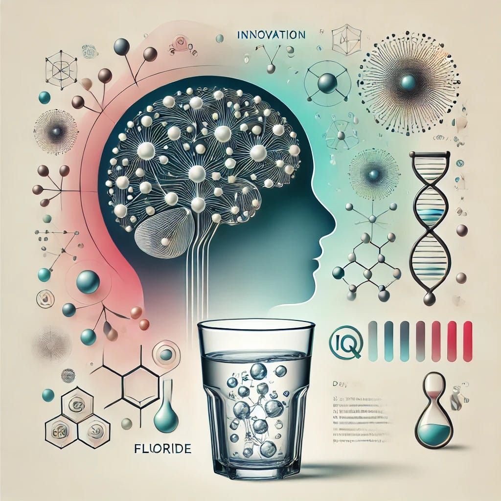 A clean, modern medical-themed illustration showcasing the impact of fluoride exposure on children's cognitive development. The image features a symbolic representation of a child's brain with stylized neuron patterns, a glass of water with molecular structures representing fluoride, and abstract visuals of IQ test symbols subtly integrated. The design emphasizes clarity, innovation, and scientific accuracy, using professional medical visuals with soft gradients and approachable colors. The overall composition balances key research findings and public health themes while maintaining an informative and positive aesthetic.