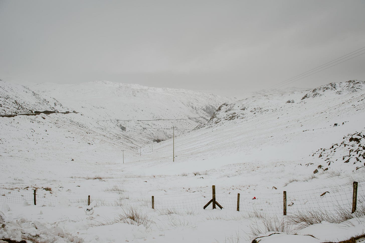 A snow covered landscape with telegraph poles running through the hills.