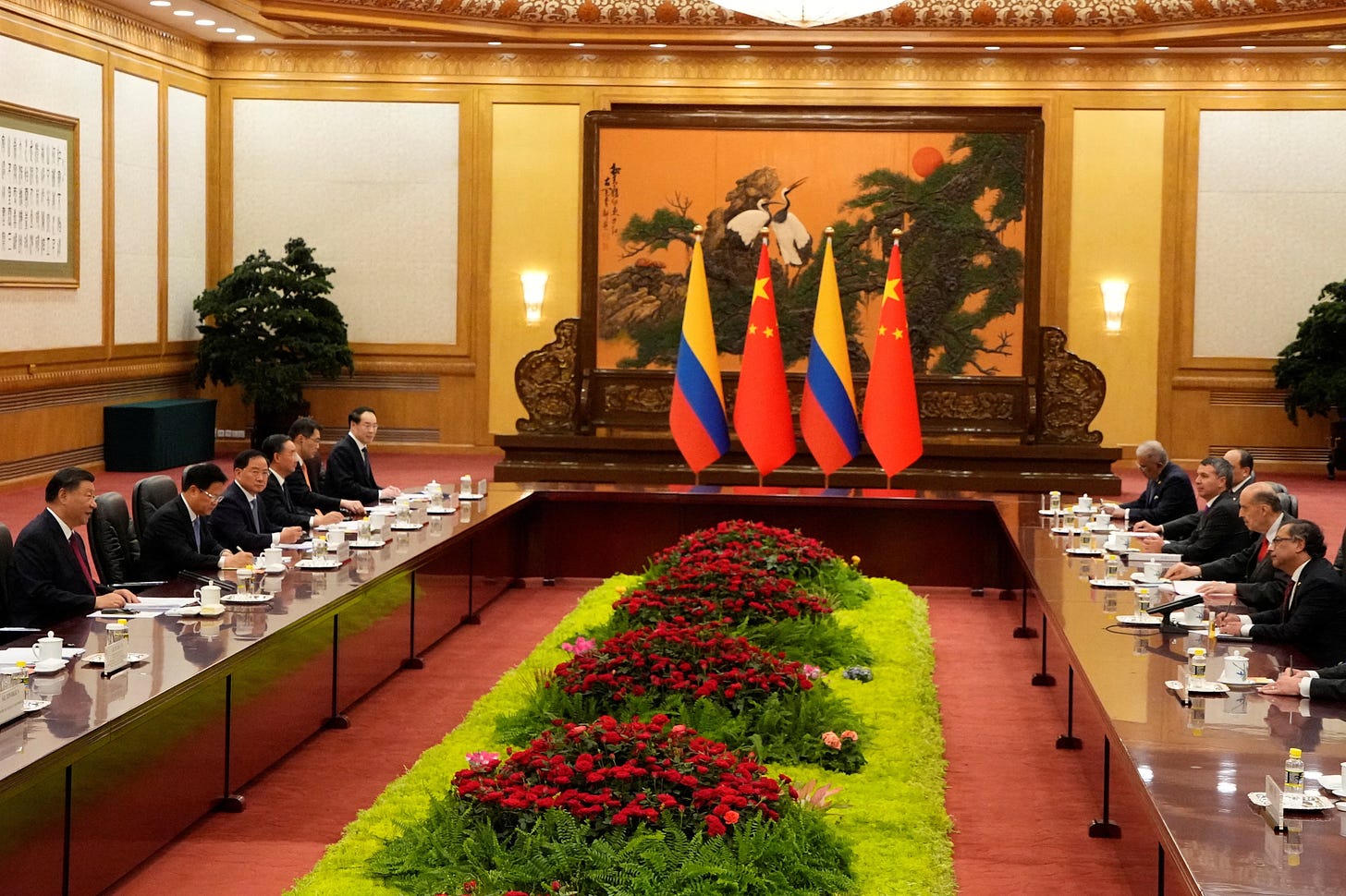 Colombian President Gustavo Petro meets Chinese President Xi Jinping during a welcoming ceremony in Beijing