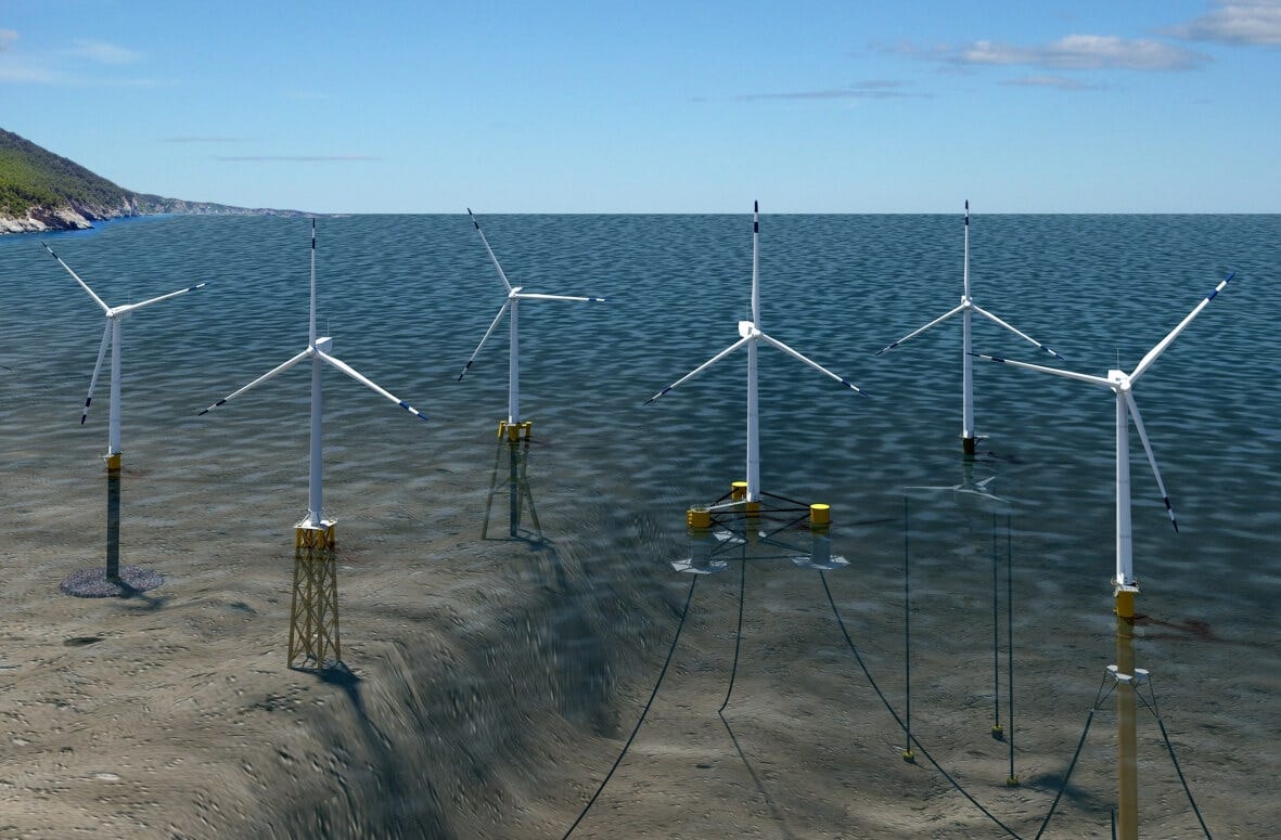 Realistic computer illustration of various fixed wind turbine anchoring techniques.