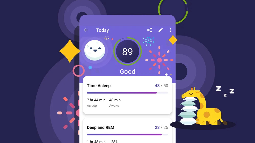 Fitbit Sleep Premium screen on a purple background surrounded by pink, blue and yellow sparkle and starburst graphics. The Fitbit screen shows a Sleep Score of 89 with the label "good," along with the Time Asleep and Deep and REM graphics.