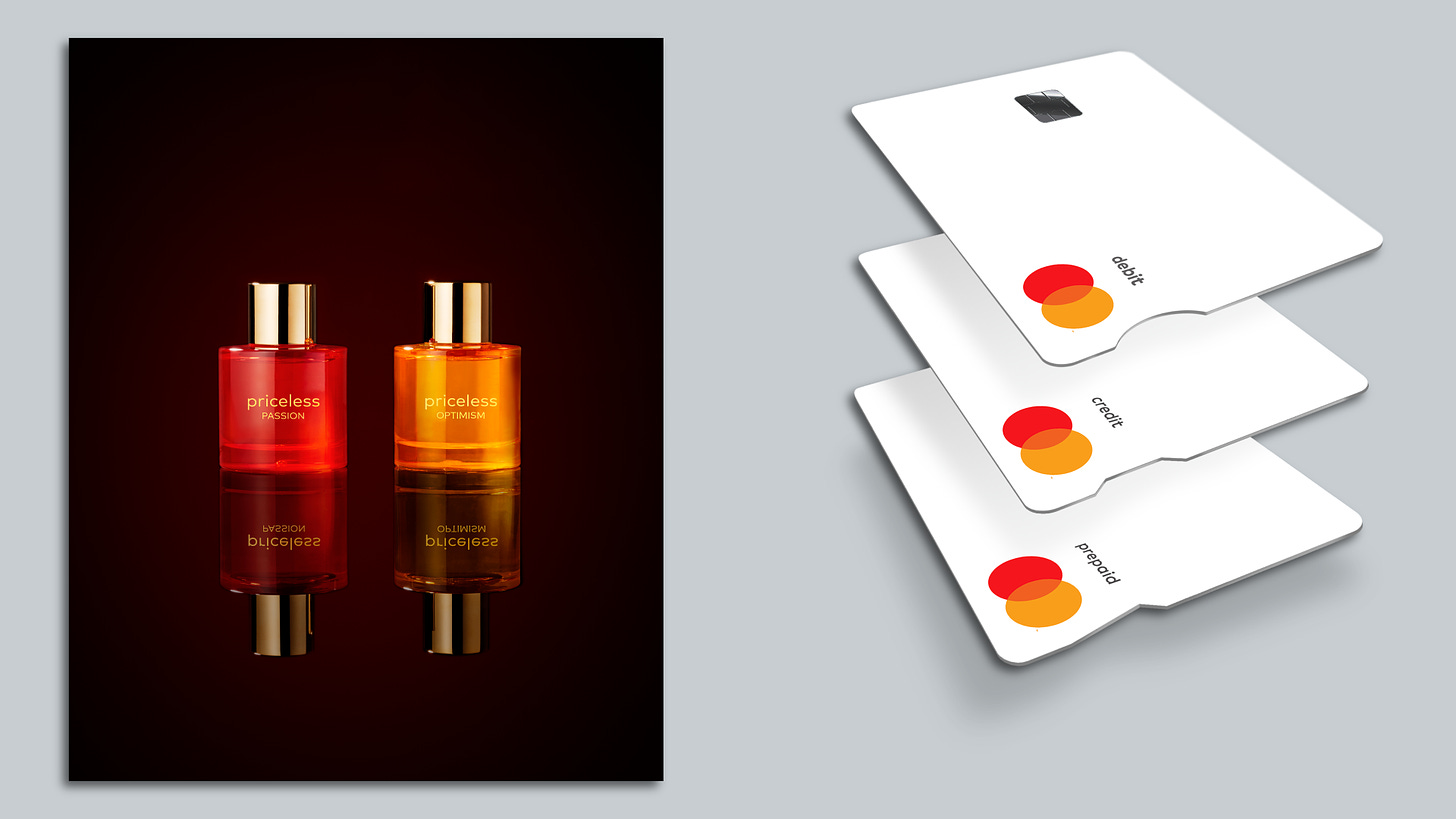 At left, perfume bottles in the corporate colors of Mastercard; at right, credit cards with notches carved in them for the sight-impaired.