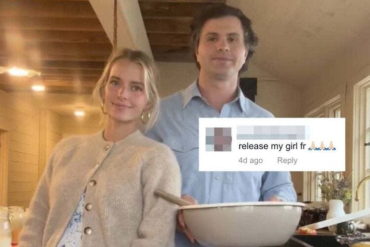 This may contain: a man and woman standing next to each other in a kitchen holding a bowl with the words release my gift on it