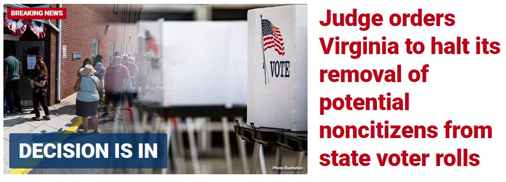 Breaking News graphic with the text: 'Judge orders Virginia to halt its removal of potential noncitizens from state voter rolls.' The image shows voters lined up outside a polling location with a 'Vote' booth in the foreground, accompanied by the headline 'Decision is in.'