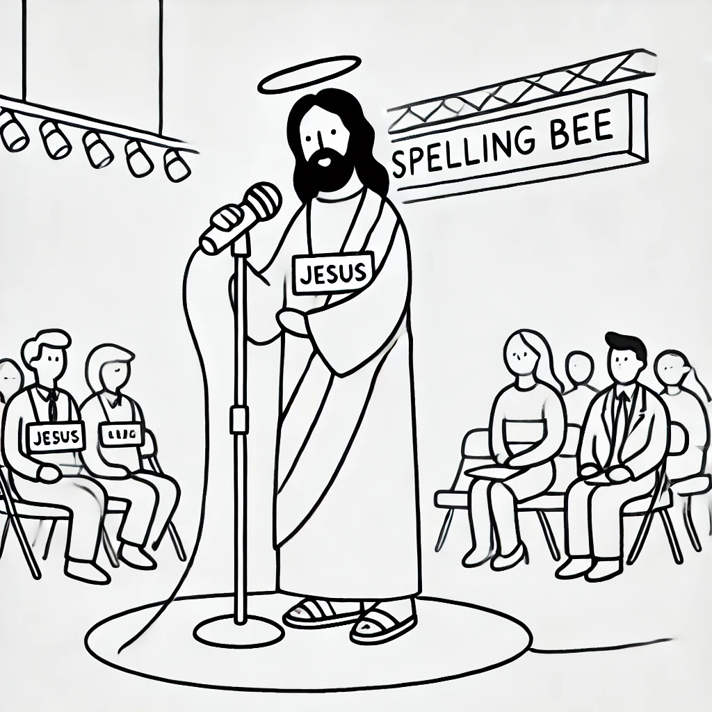 A minimalistic line drawing of Jesus participating in a spelling bee. Jesus stands calmly with a microphone, wearing a gentle expression, with a name tag that says 'Jesus.' The scene includes simple elements like a small stage, a few other contestants waiting, and a banner above that reads 'Spelling Bee.' The drawing style is naive and playful, with clean, continuous lines and minimal details. Black and white, with a lighthearted and friendly tone.