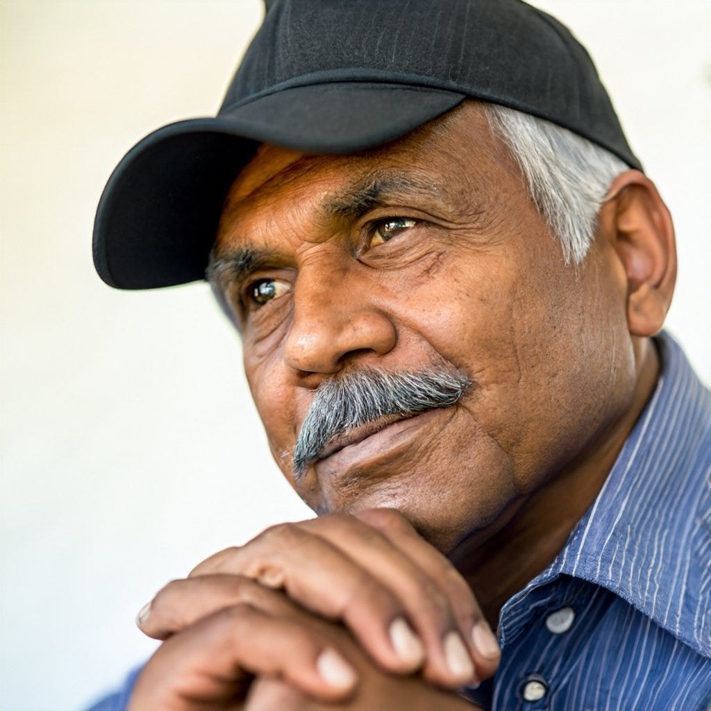 Portrait of older American-Indian man with graying mustache and black cap over his graying hair.