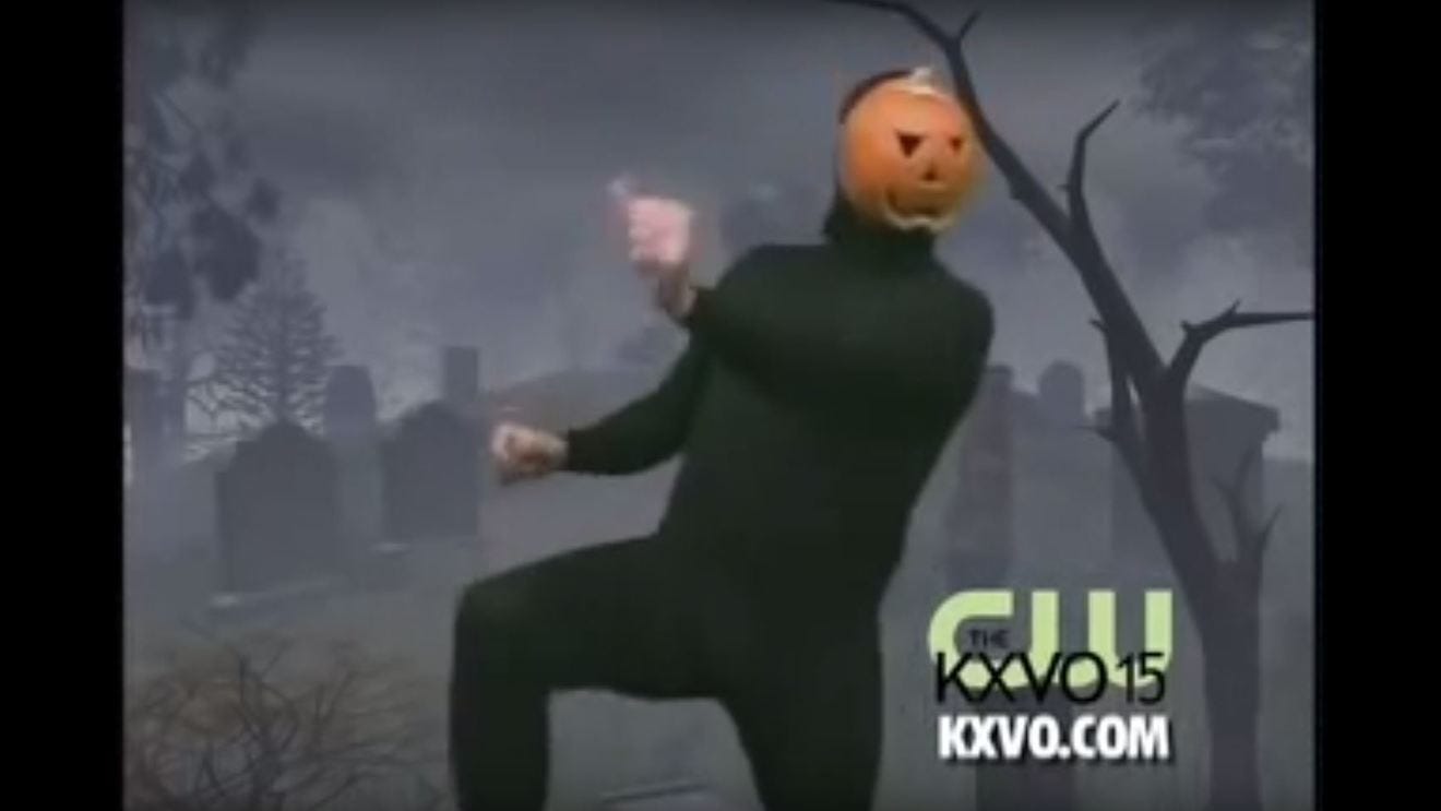 Don't talk to me about David S. Pumpkins -- screenshot of the KXVO dancing pumpkin guy
