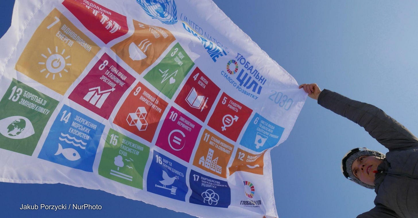A person unfurls a flag that shows the 17 Sustainable Development Goals.
