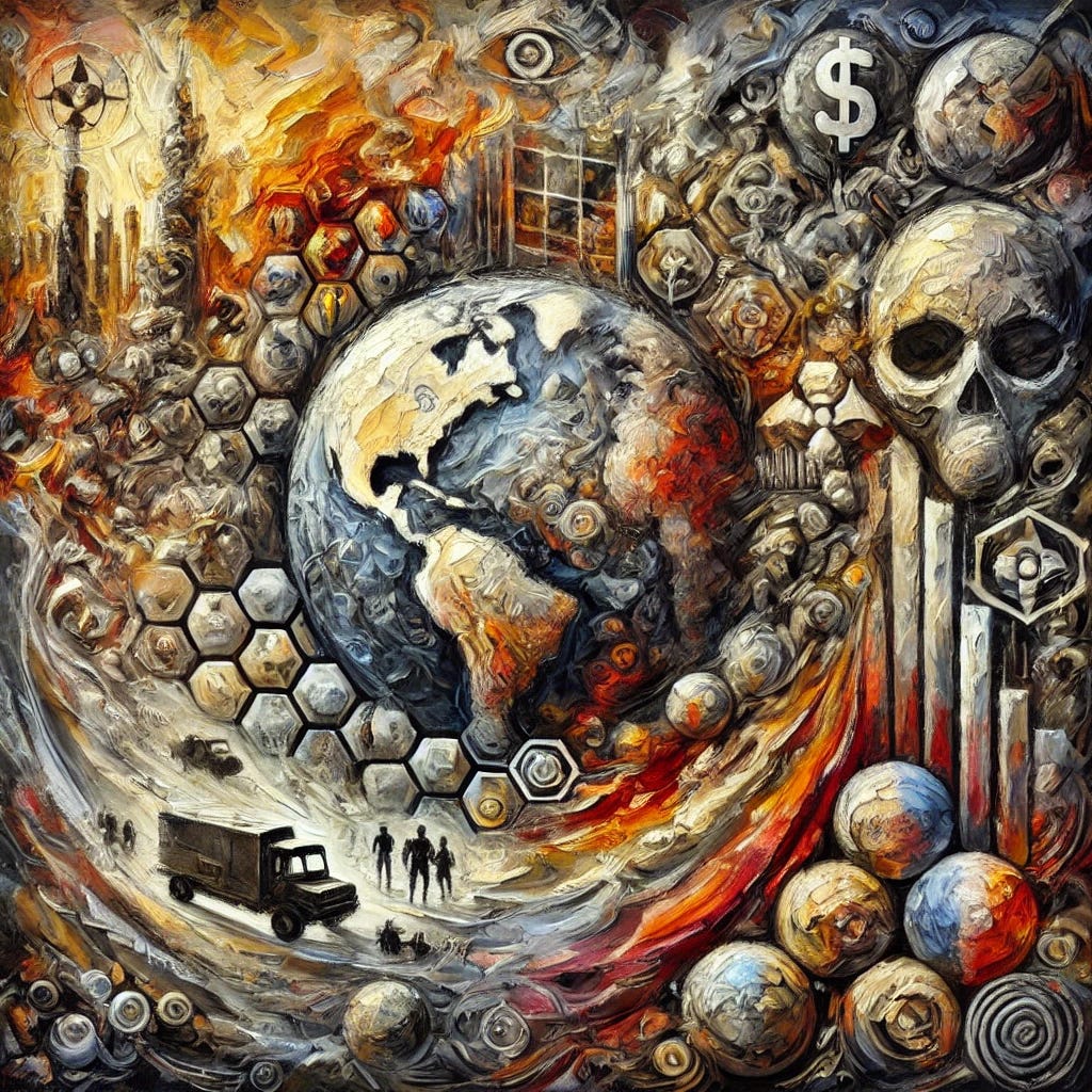 A highly abstract impressionist oil painting with thick, expressive brush strokes depicting a dystopian concept of global control. The composition features a chaotic interplay of shapes and colors, symbolizing the merger of public health and military operations. Dominant colors include vibrant reds, muted golds, and ominous grays, with layers of texture suggesting themes of propaganda, fear, and control. Swirling forms evoke a sense of tension and global impact, with fragmented elements hinting at financial structures, biological interventions, and legal frameworks. The overall mood is intense and thought-provoking, capturing the complexity and unease of the subject matter.