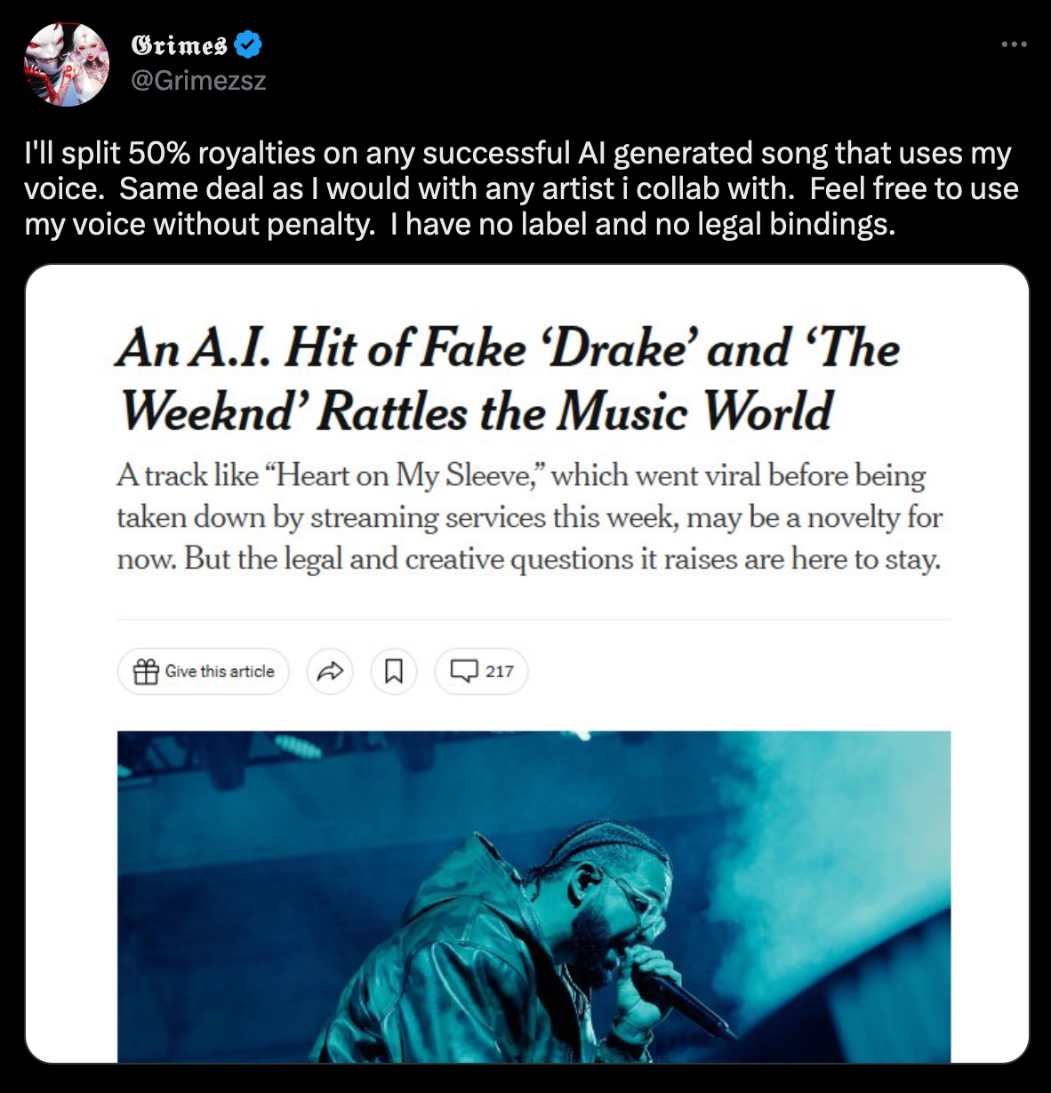 Artist Grimez offered a 50% royalty split on any successful AI-generated song that uses his voice, in response to AI-generated Heart on My Sleeve by Drake and The Weeknd.