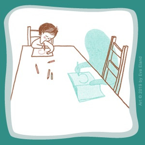 An illustration of a child sitting at a table coloring with an imagined version of sadness. The child and table are drawn in brown line while sadness and its project are a translucent blue.