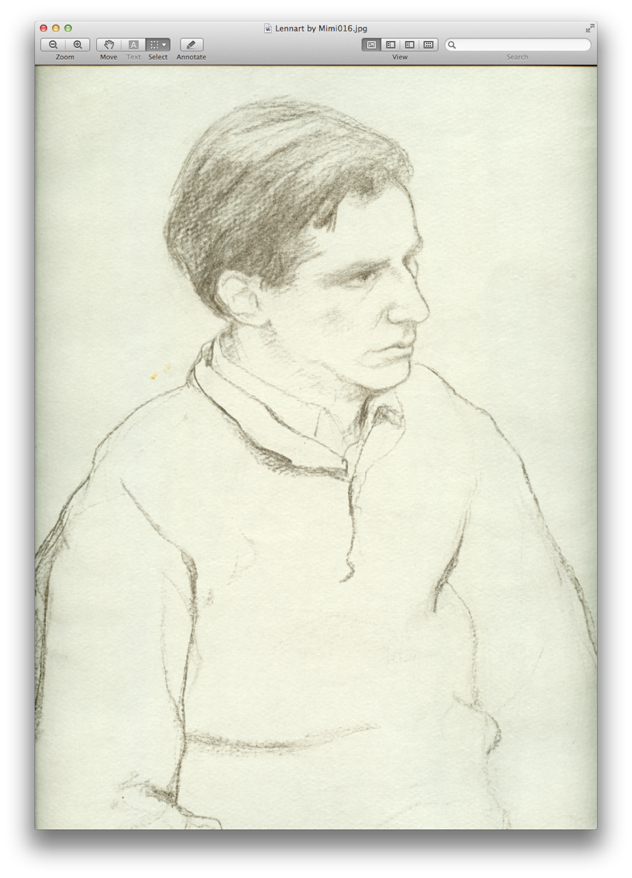 A pensive drawing of a seated man, nearly in profile, wearing a collared shirt and sweater.