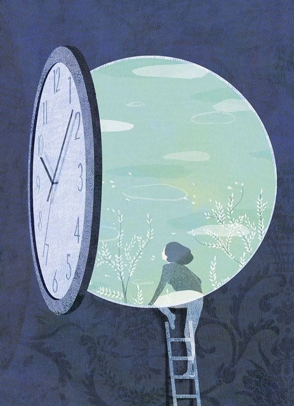 This may contain: a person standing on a ladder looking at a clock