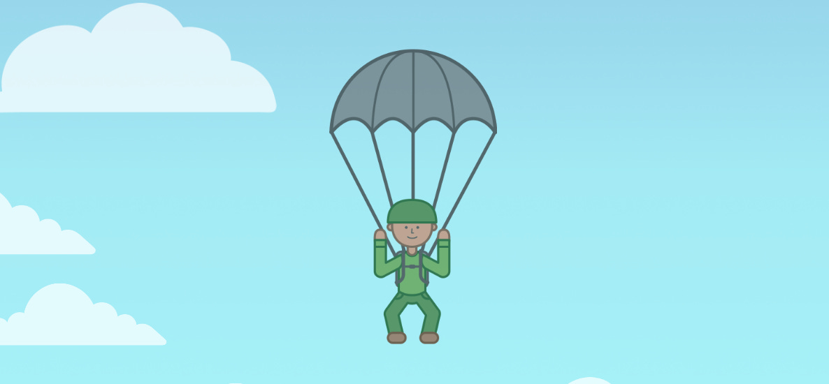 A person with a parachute. The person has been shot out of a cannon.